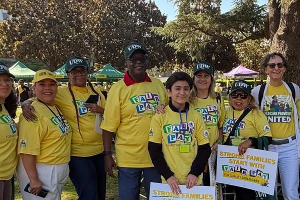 Child Care Providers United members gather before a rally at the California state Capitol.