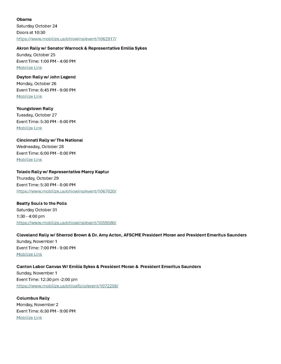 Ohio Rally List for GOTV & Sherrod Brown & Dr. Amy Acton